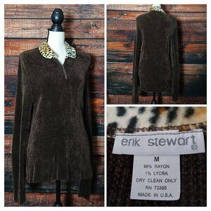 Vintage Erik Stewart Sweater M Brown Rayon Chenille Quarter Zip Made in USA